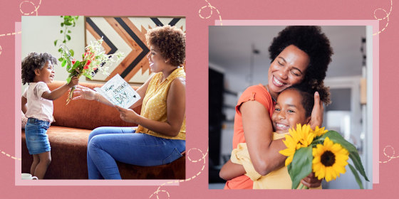Illustration of two daughters giving their moms flowers
