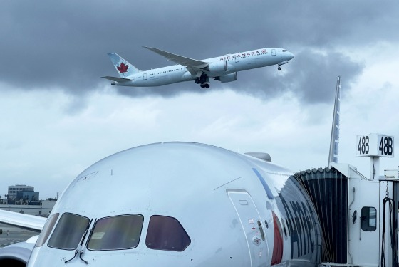 An Air Canada airplane takes off from Los Angeles International Airport on April 24, 2021.