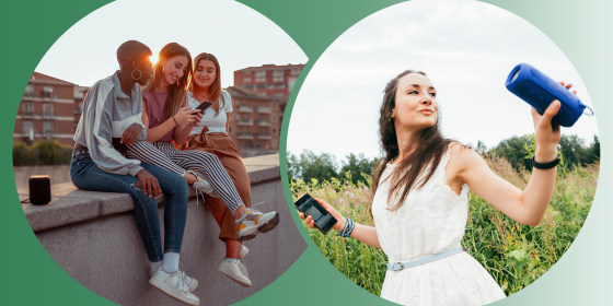 Three female friends sitting and using a mobile phone and listening to a portable speaker and Woman dancing in the field with willow-herb flower with hair flying in the wind, holding a mobile phone and a portable music speaker
