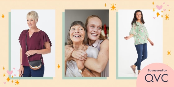 Illustration of a Mother and Daughter hugging, Woman wearing Belle by Kim Gravel Magnolia Print Blouse, and a Woman wearing the Vince Camuto Color-Blocked Pebble Leather Crossbody
