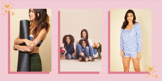 Illustration of a Woman wearing a Cosabella matching comfy set, a mother holding her two daughters with flowers, and a woman holding a yoga mat