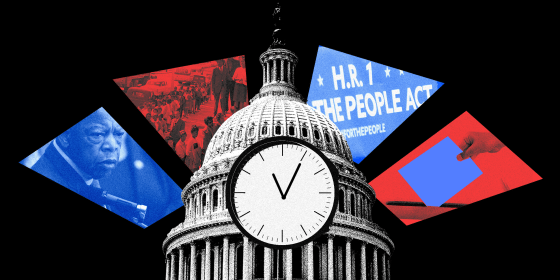 Photo illustration: A clock on the U.S. Capitol dome, surrounded by pieces that show John Lewis, voters in a line, text that reads,\"HR1 for the people act\", and a hand holding a ballot.