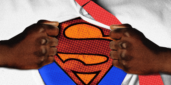 Photo illustration: A Black man's hands reveal the Superman logo under his shirt.