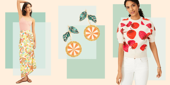 Illustration of SUGARFIX by BaubleBar Crystal Citrus Drop Earrings, Strawberry Short Sleeve Sweater and the Farm Rio Fruits Maxi Skirt