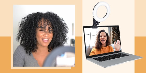 Illustration of a Woman looking into a ring light and a clip on ring light on a computer