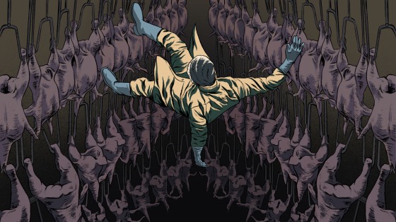 Illustration of meatpacking worker falling into an abyss of chicken carcasses.