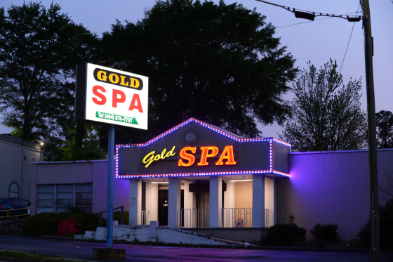 No flowers, candles or other memorial tokens remain outside the Gold Spa four weeks after the deadly shootings in Atlanta and Acworth, Ga., on April 13, 2021.