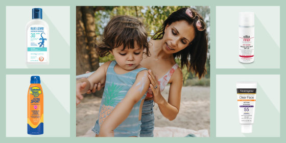 Illustration of four different sunscreens that are popular and a Mom rubbing sunscreen on her child. The best and most popular sunscreens of 2021 are from Neutrogena, EltaMD, Bananaboat, and more. Shop mineral sunscreen from Amazon, Walmart, Target & Ulta