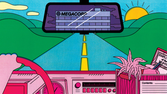 Illustration of person driving away, with a box of desk items. \"MEGACORP\" is seen on the building in the rearview mirror.