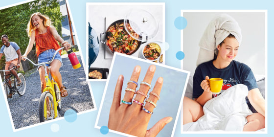 Illustration of a Woman riding a bike holding her HydroFlask, Hand wearing the BaubleBar Mini Alidia Ring, Woman sitting on her bed with a Brooklinen Towel on her head and a lifestyle of Staub Cookware