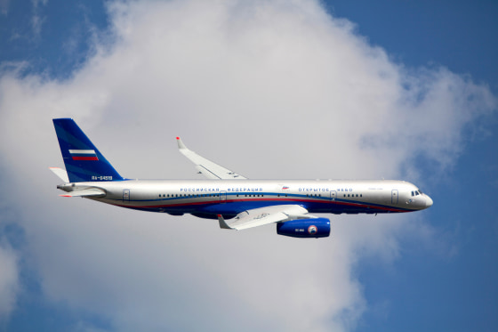 The Tupolev Tu-214ON jet aircraft equipped for participation in the Open Skies Treaty monitoring missions in the air on Aug. 18, 2011.