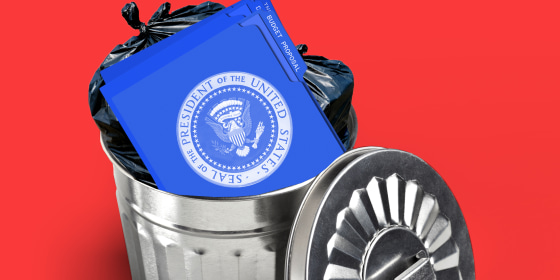 Photo illustration: Blue folders with the U.S. presidential seal on them lying in a trash can.