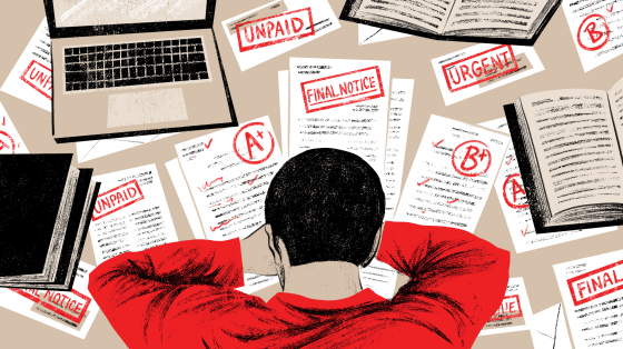Illustration of person resting their head on a desk with graded papers and debt collection notices scattered on the desk.