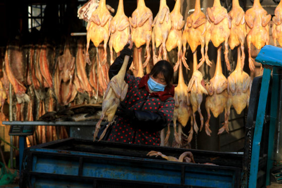 Image: Salted chickens, ducks and fish for sale at a market in Huai an, Jiangsu province in China.