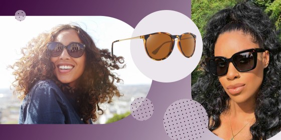 Woman wearing sun glasses and smiling, WOWSUN Polarized Sunglasses and a Woman wearing Diff Eyewear Lizzy Sunglasses