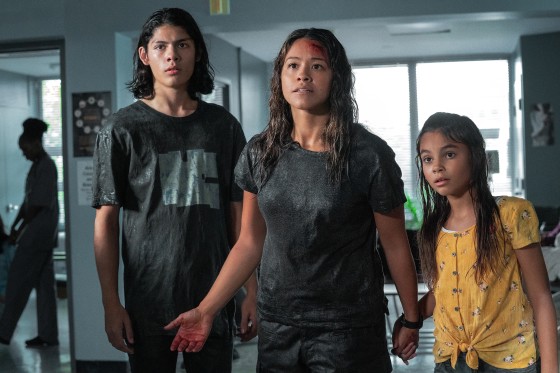 Image: From left, Lucius Hoyos as Noah, Gina Rodriguez as Jill, Ariana Greenblatt as Matilda in \"Awake.\"