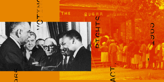 Photo collage: US President Lyndon B Johnson hands a pen to civil rights leader Reverend Martin Luther King Jr during the the signing of the Voting Rights Act, 1965;  A group of voters lining up outside the polling station in Alabama, 1966.