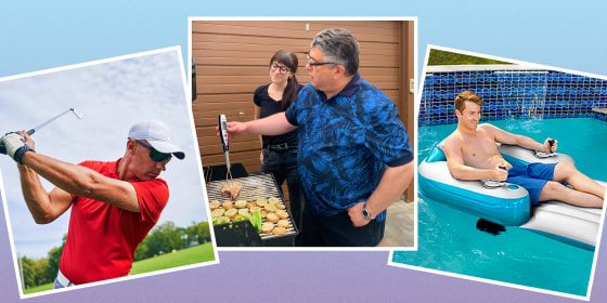 Daniella Musacchio and her dad bqqing with their Sharper Image thermometer, Man floating on a pool with a motorized pool float, and a dad golfing with sunglasses