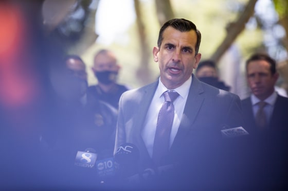 San Jose Mayor Sam Liccardo speaks following a mass shooting at the Valley Transportation Authority light-rail yard near downtown San Jose, Calif., on May 26, 2021.