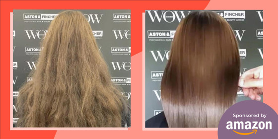 Before and after images of a Woman with frizzy to shiny hair