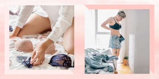 Illustration of a Woman gets dressed in bedroom and a Woman looking at her Bra's on the bed