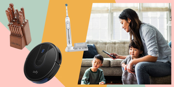 Woman on her phone while in living room with her kids and three products from Walmart still on sale