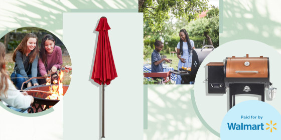 Illustration of a Umbrella and a fan, a group of friends using a fire pit and a couple using the bbq