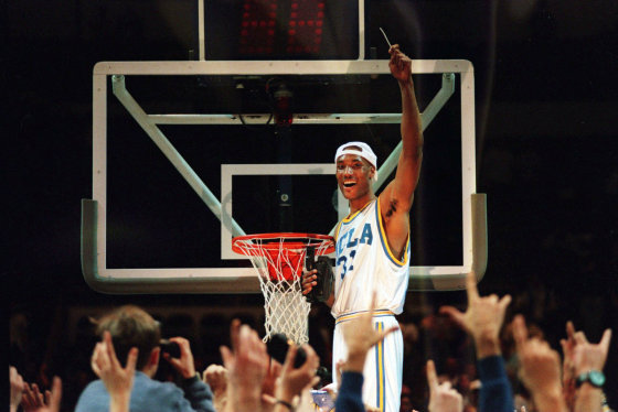 Image: Ed O'Bannon cuts the net after UCLA defeated UConn in the West Regional Final in Oakland, Calif., on March 25, 1995.