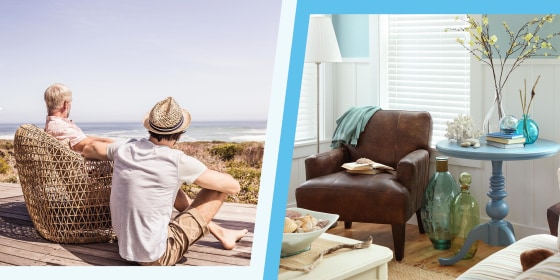 Father and adult son sitting on a terrace at the sea and a Beach House living room