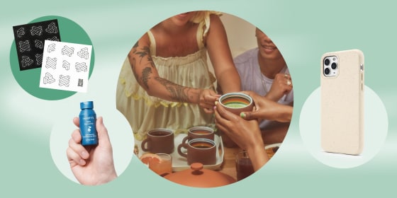 Illustration of CASTiFY compostable phone cases, a product from the new Harry's skincare collection, Mosquito Repellant Patches, and a woman holding the Our Place Full of Pride Mugs