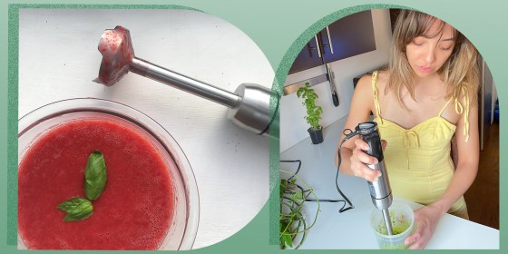 Illustration of Cailey Rizzo using an immersion blender in her kitchen and the blender next to a blended soup