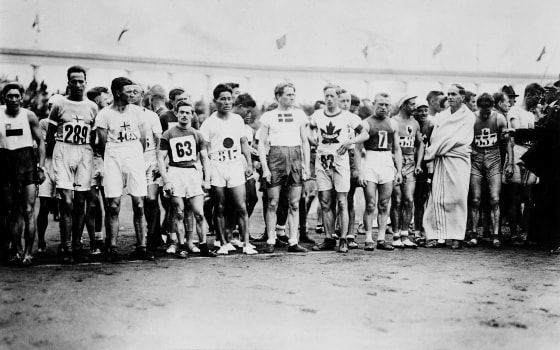 The athletes assemble for the start of the marathon at the 1920 Summer Olympics in Antwerp, Belgium, 1920.