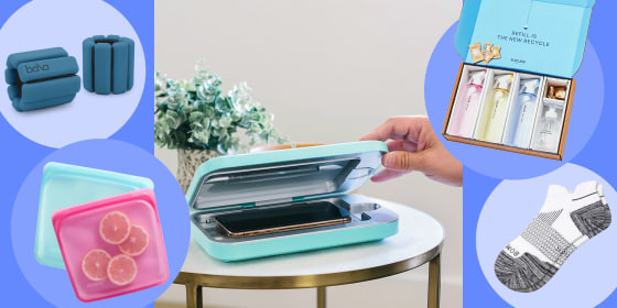 Illustration of someone using the PhoneSoap 3, Two Stasher bags, Blueland clean essentials, white Bombas socks and Bala Bangle weights