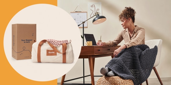Image of a Woman with a Bearaby weighted Blanket at her desk and the blanket in a bag