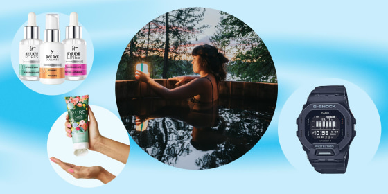 Image of a Woman in a hot tub in nature using her BioLite AlpenGlow lantern, three bottles from IT Cosmetics new serum collection, an hand holding a new shaving cream bottle Venus x Rifle Paper, and a watch from the G-SHOCK men's fitness line