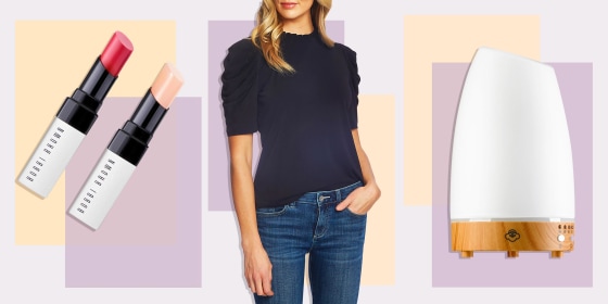 Illustration of a Woman wearing a blue shirt, two lipsticks from Bobbi Brown and a Diffuser all on sale at Nordstrom