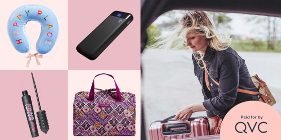 Illustration of a Woman loading a suitcase into her car and different products to take with you on vacation