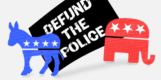 Illustration:  The Democratic donkey and Republican party elephant face away from each other against a sign that reads,\"Defund the police\" in the background.