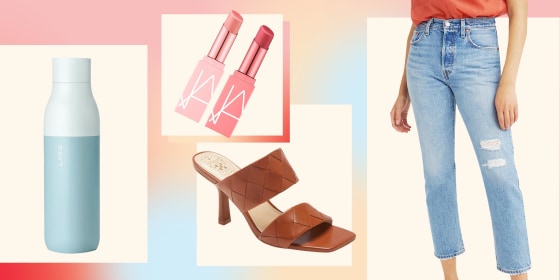 Illustration of a Woman wearing the Levi's 501(R) High Waist Straight Leg Jeans, Larq Water Bottle, Vince Camuto Candialia Sandal and NARS Afterglow Mini Lip Balm Duo