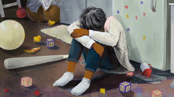 Illustration of a mother with her head in her arms as she sits on a floor covered with children's toys.