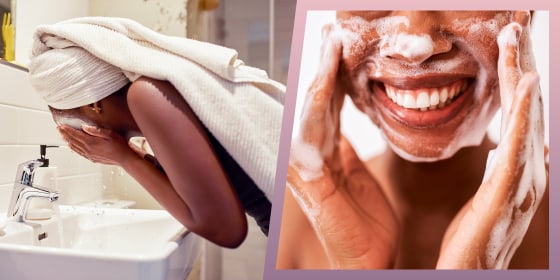 Illustration of a Cropped shot of a young woman washing her face in the basin at home and a studio shot of an unrecognizable woman washing her face against a white background