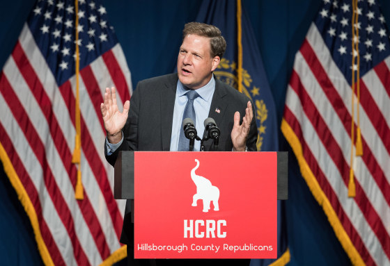 Image: New Hampshire Governor Chris Sununu introduces Vice President Mike Pence during the GOP Lincoln-Reagan Dinner