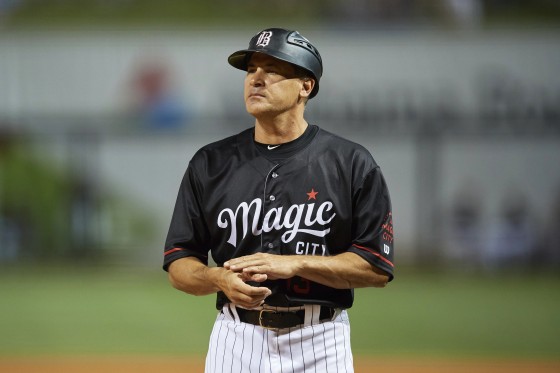 Birmingham Barons manager Omar Vizquel looks on during a game against the Chattanooga Lookouts on May 2, 2019, in Birmingham, Ala.