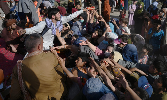 Image: Internally displaced Afghan families collect food.