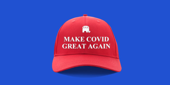 Photo illustration: A red cap that reads,\"Make Covid Great Again\" with the Republican party elephant above it.