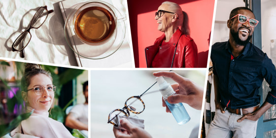 Illustration of overhead of glasses next to tea, a Woman on a red wall wearing glasses, Man wearing glasses, Woman looking at camera wearing pink glasses and someone spraying glasses cleaner