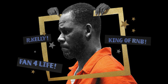 Photo illustration: Profile of R. Kelly in an orange jumpsuit. two hands hold a cut out golden frame around him with stars and paper pieces that read,\"R.Kelly!\",\"Fan 4 Lyf!\" and \"King of RNB!\"