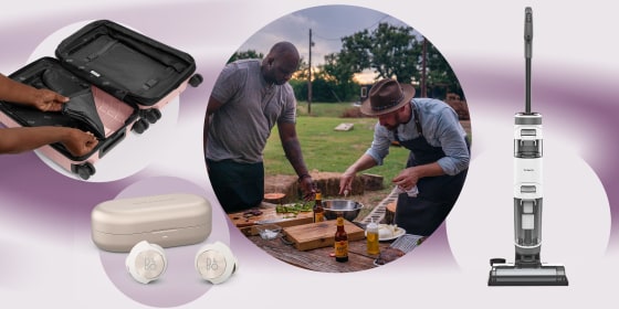 Illustration of  Bang & Olufsen debut Beoplay EQ earbuds, pink Polycarbonate Flex Suitcase, two men wearing the Made In and Tecovas Grill Collection, and the Tineco new floor washer