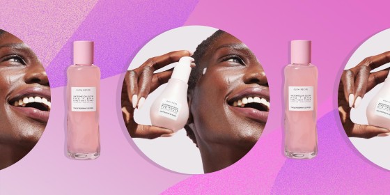 Illustration of a Woman holding up a bottle of Glow Recipe Watermelon Glow Niacinamide Dew Drops and a bottle of Glow Recipe Watermelon Glow PHA + BHA Pore-Tight Toner