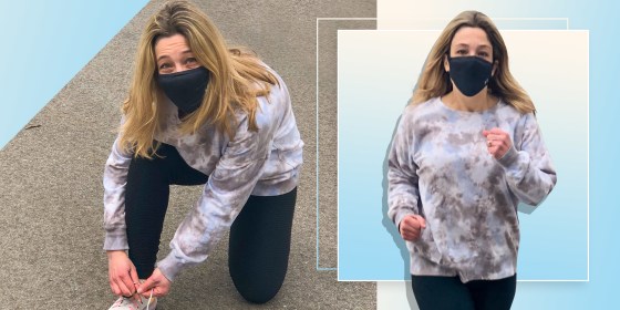 Writer Rachel Abrahamson in two images running with the UA Sportsmask